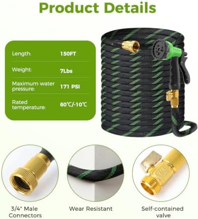150ft Garden Hose, Non-Expandable Water Hose with 8 Function Spray Nozzle, Lightweight, Knik-Free, Burst-Resistant, Durable & Flexible 3/4" Garden Hose for Lawn, House Cleaning, Car Washing - Image 6