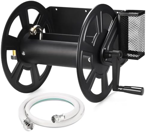 GADFISH Garden Wall Mounted Hose Reel, Metal Hose Reel, Holds 125ft of 5/8-Inch Hose(Not equipped), Equipped with 3.9ft Water Supply Hose and Small Storage Basket, Suitable for Gardens & Yards by GADFISH