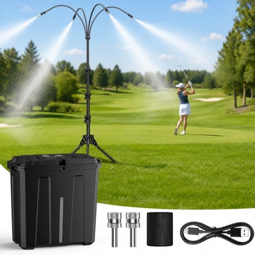 Ausic Portable Misting System with Stand, Water Cooling Misters Set for Outside Patio - 9L Bucket Built-in 10000mAh Battery & PCS Pump & Timer for Outdoor, Canopy, Sport, Golf, Beach, Greenhouse, Camp by Ausic