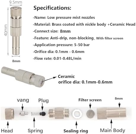 High Pressure Misting Nozzles 8mm Brass Adjustable Atomizing Nozzle 0.1-0.6mm 10 Pack Outdoor Cooling(Orifice 0.6mm) - Image 2