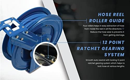 BLUBIRD BBRHD3850 18ga. Retractable Hose Reel with 3/8" X 50' Air Hose, 12 Point Ratcheting Gear, Next-Gen Rubber, Lightest, Strongest, Most Flexible, 300 PSI, -50F to 190F Degrees, Polyester Braided - Image 4