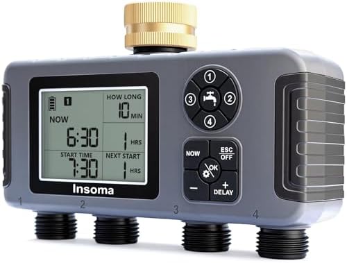 Insoma 4-Zone Water Timer with Brass Inlet, Automatic Garden Hose Timer with Manual/Rain Delay & Large Display, IPX5 Waterproof Faucet Timers for Sprinkler System, Yard, Lawn, Greenhouse by Insoma