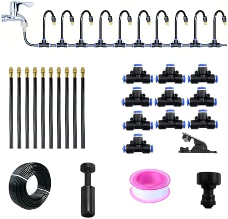 1/4 inch Adjustable Drip Irrigation Kit, 33FT Automatic Garden Watering System with 360° Copper Misting Nozzles, Atomizing Sprinkler for Flower Raised Bed Greenhouse Lawn Outdoor by WOKYO