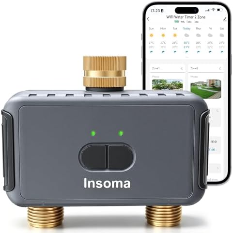 Insoma 2-Zone WiFi Water Timer Brass Inlet Outlet, Smart Sprinkler Timer, No-Gateway 2.4GHz, APP Remote Control WiFi Hose Timers, Voice Control with Alexa, Rain Delay and Manual Mode for Lawn Watering by Insoma
