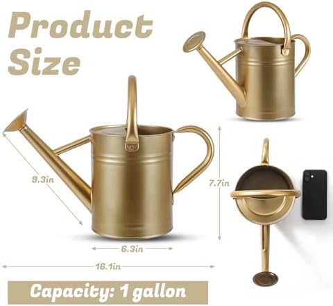 1 Gallon Watering Can for Plants, Watering Cans for Indoor&Outdoor Gardening, Galvanized Steel Watering Pot with Removable Spout, Metal Water Can with Ergonomic Movable Handle(Gold) - Image 3