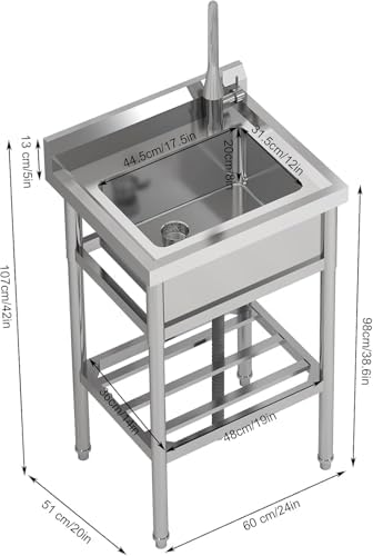 24"x20"x42" Stainless Steel Utility Sink, Freestanding Single Bowl with Hot & Cold Water Faucet, Commercial Kitchen Laundry Bathroom Garage Garden Sink - Image 2
