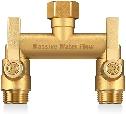 Hose Splitter 2 Way Heavy Duty, Solid Brass Full Flow Outdoor Faucet and Garden Hose Splitters, Water Spigot Splitter T Adapter, All Metal Water Connector with Shut-Off Valve, 3/4 - Inch GHT Thread by Lnezcdb