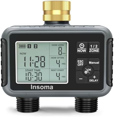 Insoma Water Timer with Brass Inlet, 2 Independent Zones Outdoor Hose Timer for Garden Faucet with Auto/Manual/Rain Delay Mode, Sprinkler Irrigation Timers for Yard Lawn by Insoma