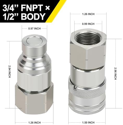 3/4’’ NPT Skid Steer Hydraulic Couplers, Bobcat Flat Face Quick Connect Fittings with 2PCS Dust Covers - Image 2