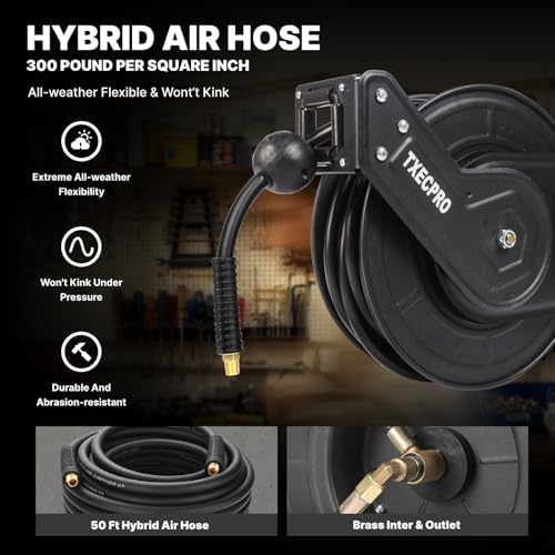 Retractable Air Hose Reel, 3/8 IN x50FT Hybrid Air Hose,Max 300 PSI, Air Compressor Hose Reel with 5 ft Lead in, Ceiling/Wall Mounted,Heavy Duty Air Tool - Image 4