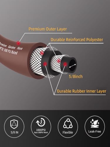 Wiseflow Garden Hose 25FT x 5/8", Heavy Duty Rubber Hose, Water Hose with Five Layered Braiding, Male Female Fittings, 1000PSI Burst, 300PSI Working for Yard, Car Wash, Pets (Brown) - Image 3