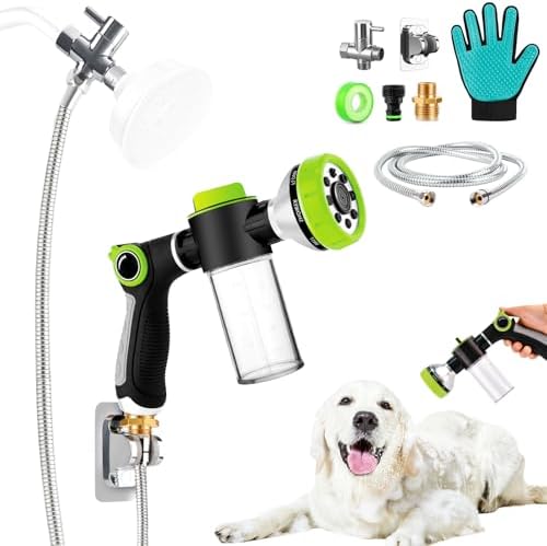 Dog Shower Attachment, Dog Washing Hose Attachment Indoors, Garden Hose Nozzle Sprayer with Soap Dispenser and Grooming Glove by YCCOKJJ
