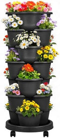 VECELO 7 Tier Vertical Garden Planter, Self Watering Stackable Planters with Wheels for Strawberries, Herbs, Flowers, Vegetables, Black by VECELO