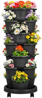 VECELO 7 Tier Vertical Garden Planter, Self Watering Stackable Planters with Wheels for Strawberries, Herbs, Flowers, Vegetables, Black by VECELO