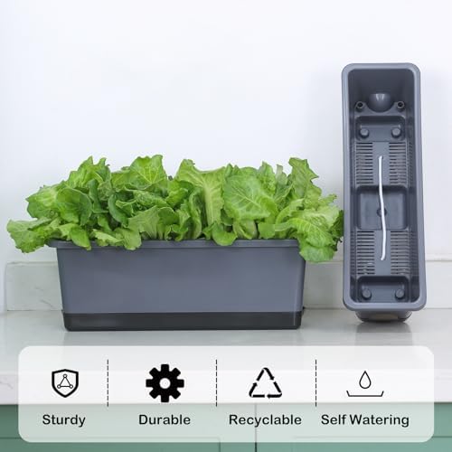 Window Box Planter 4 Packs, 17 Inches Rectangle Flower Pots with Drainage Holes & Trays, Pots for Vegetables, Herbs, Flowers, Garden Windowsill Balcony (Grey, 17 * 5.1 * 6 inch) - Image 2