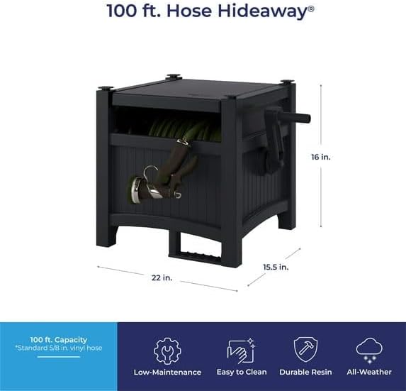 100ft Hose Hideaway Box, Durable Resin Garden Hose Reel - Image 2