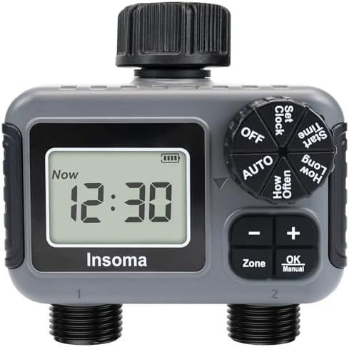 Insoma 2 Zone Water Timer, Programmable Irrigation Sprinkler Timer for Garden Hose, Outdoor Hose Faucet Timers with Rain Delay/Manual/Auto Modes, IPX5 Waterproof for Drip System & Lawn by Insoma