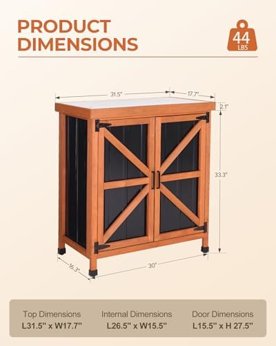 Outdoor Storage Cabinet, 31.5"×17.7"×33.3" in Wood Garden Tool Shed with Rustproof Metal Top, Potting Bench for Patio, Backyard, Pool & Garage, Organizer with Shelves - Image 2