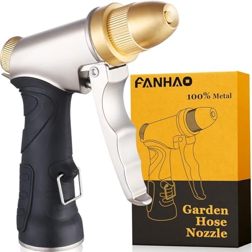 FANHAO Heavy Duty Garden Hose Nozzle, 100% Metal High Pressure Water Spray Nozzle with 4 Adjustable Patterns, Full Brass Nozzle & Non-Slip Comfort Grip for Watering, Car Washing & Pet Showering by FANHAO