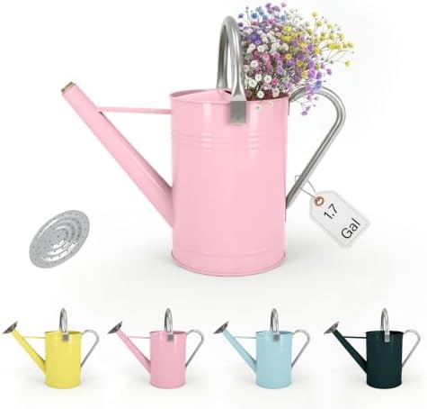 Galvanized Iron Watering Can for Indoor Plants, DIY Watering Cans for House Plant Garden Flower, Long Spout Water Can for Outdoor Watering Plants 6.44L 1.7Gallon (Pink) by Longrun