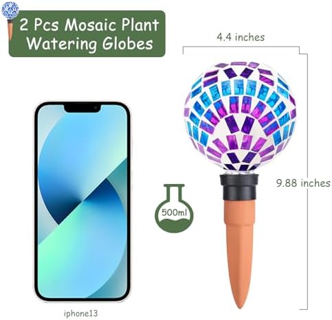 Decorative Mosaic Plant Watering Globes, 2 Pack Automatic Self Watering Spikes with Terracotta Stakes for Indoor Outdoor Garden Plants, Multi - Image 2