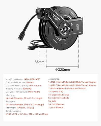 VEVOR Pressure Washer Hose Reel, 60 ft x 1/4 inch Retractable Power Heavy-Duty Steel Washer Hose Reel, 4000PSI Max, Auto-Rewinding, Flexible Wall/Floor Mounted for Car Washing,Garden,Floor Cleaning - Image 7