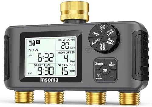 Insoma 4 Zones Sprinkler Timer with Brass Inlet & Outlet, Water Timer for Garden Hose with Auto/Manual/Rain Delay Mode, Hose Timers for Irrigation Watering System for Yard, Lawn, Plant Watering by Insoma