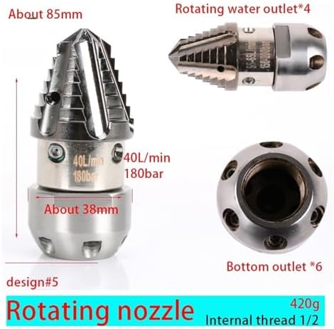 1/2 High Pressure Cleaning Machine Sewer Nozzles, Sewer Pipe Dredging Head Nozzle(40L 180bar-ds5) - Image 2