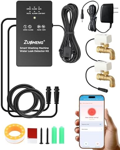 WiFi Washing Machine Water Leak Detector Kit with App Alerts & Sound Light Alarm, Dual Power Supply, High-Precision Sensor, Automatic Hot & Cold Shut-Off Valves (3/4" 90°) by Zuomeng
