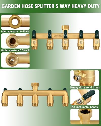 5 Way Hose Splitter, Heavy Duty Full Flow Garden Hose Splitter with 5 Large Metal Handles, Brass Water Hose Bib Splitter, T Adapter Connector with 3/4 - Inch GHT Thread (Green) - Image 3