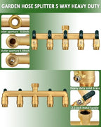 5 Way Hose Splitter, Heavy Duty Full Flow Garden Hose Splitter with 5 Large Metal Handles, Brass Water Hose Bib Splitter, T Adapter Connector with 3/4 - Inch GHT Thread (Green) - Image 3
