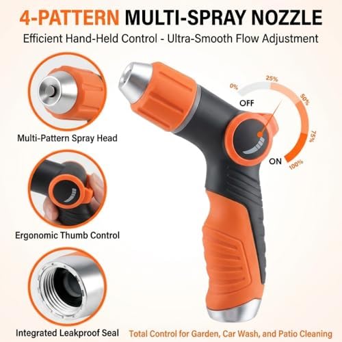 High Pressure Garden Hose Nozzle with 4 Spray Patterns & Thumb Control (Orange) - Image 5