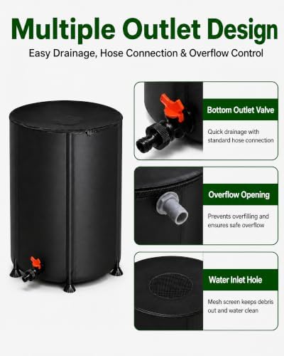 50 Gallon Collapsible Rain Barrel, Portable Rainwater Collection System, Rain Catcher Barrel with Spigots and Overflow Kit, Rain Water Barrel Collector for Garden, Black ﻿ - Image 4