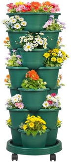 VECELO 7 Tier Vertical Garden Planter, Self Watering Stackable Planters with Wheels for Strawberries, Herbs, Flowers, Vegetables, Dark Green by VECELO