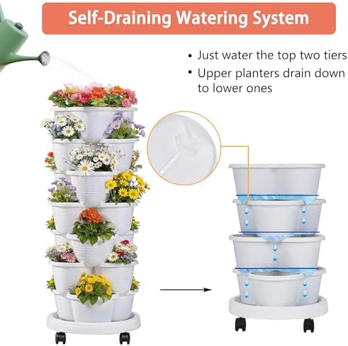 VECELO 7 Tier Vertical Garden Planter, Self Watering Stackable Planters with Wheels for Strawberries, Herbs, Flowers, Vegetables, White - Image 3