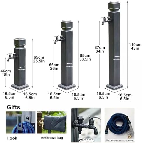 Freestanding Garden Water Column, Vertical Antifreeze Garden Water Column, Aluminum Alloy Outdoor Faucet, Water Column with Brass Tap, Hose Holder, 15m Telescopic Hose and Spray Gun(110cm/43in) - Image 2