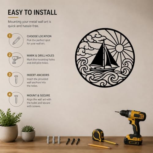 Sailboat with Sun Waves Metal Wall Art for Dining Room Decor with Detail - Image 5