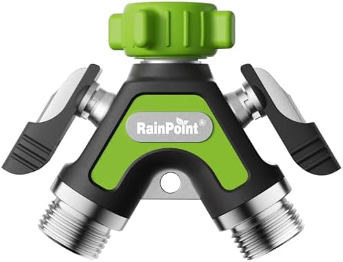 RAINPOINT Garden Hose Splitter 2 Way, All Metal Heavy Duty Water Hose Y Splitter With 2.05" Extra Long Side Handle & Shut Off Valves, 3/4 Inch GHT Thread Connector For Outdoor Spigot Faucet (Green,2) by RainPoint