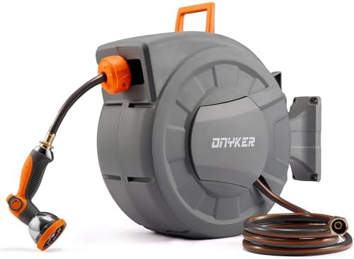 Retractable Garden Hose Reel, 1/2 inch x120 ft Water Hose Reel Wall Mounted, Any Length Lock, Slow Auto-Rewind, 180°Swivel Bracket & 10 Pattern Nozzle by DNYKER