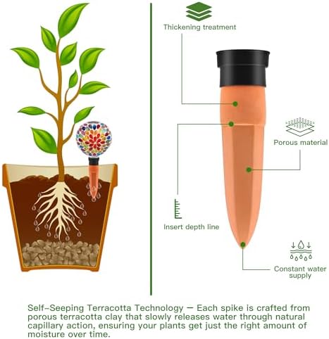 VOREEN Mosaic Plant Watering Globes with Terracotta Watering Spikes, 17oz Glass Self Watering Globes for Indoor & Outdoor Potted Plants, Decorative Water Drippers, Set of 2 - Image 5