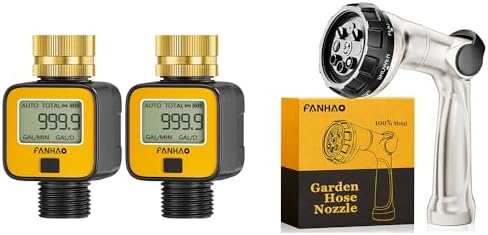 FANHAO 2 Pack Water Flow Meter with Brass Inlet+Professional Garden Hose Nozzle by FANHAO