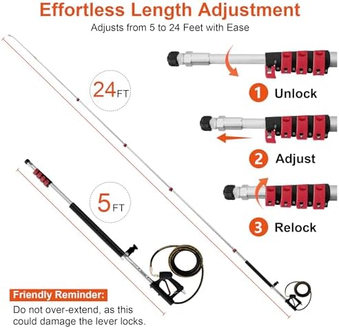 Telescoping Pressure Washer Wand 24 ft Pressure Washer Extension Wand 24 Feet Power Washer Extension Wand Aluminum with Brush Head,Gutter Cleaner, 5 Spray Nozzle Tips, 2 Hose Adapters, Support Belt - Image 3