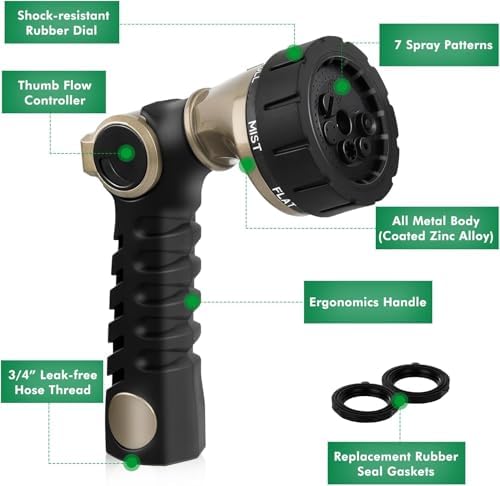 Heavy Duty Metal Garden Hose Nozzle with 7 Watering Patterns - High Pressure Spray Nozzle for Watering Plants, Car Washing, and Pets - Thumb Control & On/Off Valve, Bronze - Image 2