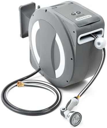 Betta EaseReel Battery-Powered Wall-Mounted Retractable Hose Reel, with Quick-Access Dual Hose Length Control, 8 Spray Patterns Nozzle, Automatic Roll-Up & Tangle-Free Hose Guide (1/2'', 78FT/23m) by Unknown