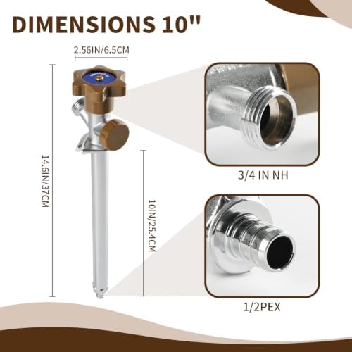 Himaweek 10-inch Anti-Siphon Frost Free Sillcock, Quater Turn 3/4-Inch Hose Bibb x 1/2-Inch PEX End,No Lead Brass Valve Frost Proof Outdoor Faucet Spigot - Image 2
