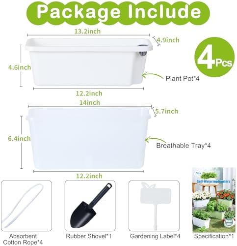 Oliz Window Box Planter 4 Packs, 14 Inches Rectangle Flower Pots with Breathable Drainage Holes, Pots for Vegetables, Herbs, Flowers, Garden Windowsill Balcony (Translucent White) - Image 7