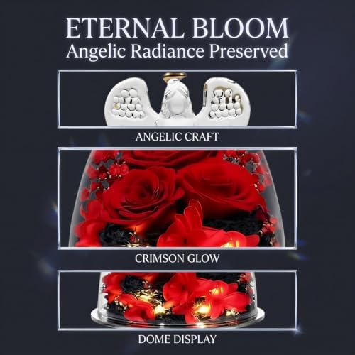 Preserved Real Flower Rose in Large Angel Figurine Glass Dome, LED Light Up Red Rose Gifts for Mom, Valentine’s Day Gift for Mother, Decorative Desk and Home Display - Image 3