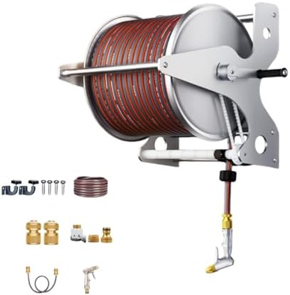 Stainless Steel Garden Hose Reel, Heavy Duty Metal Water Pipe Cart with High Pressure Spray Nozzle, 2-in-1 Wall Mount Manual Crank Storage, Fits 1/2 Inch Hose(30M/100FT) by Unknown
