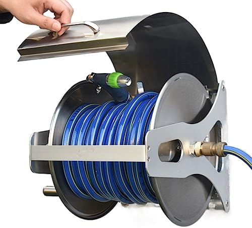 Garden Hose Holder Stainless Steel Garden Hose Reel Heavy Duty Hose Holder, Wall/Floor Mounted Metal Water Hose Reel with Crank Handle and Dust-Proof Lid Garden Hose Reel by Unknown