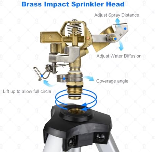 Sprinklers for Yard on Tripod, 2 Pack Heavy Duty 360 Degree Impact Lawn Sprinklers for Yard and Gardens, Adjustable Base with Sprinkler Head Nozzle and 3/4" NH Inlet Hose Connection - Image 7